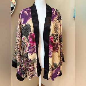 Sybelle Kimono Silky Beaded Floral 💜🖤 Cardigan Jacket Sz Large